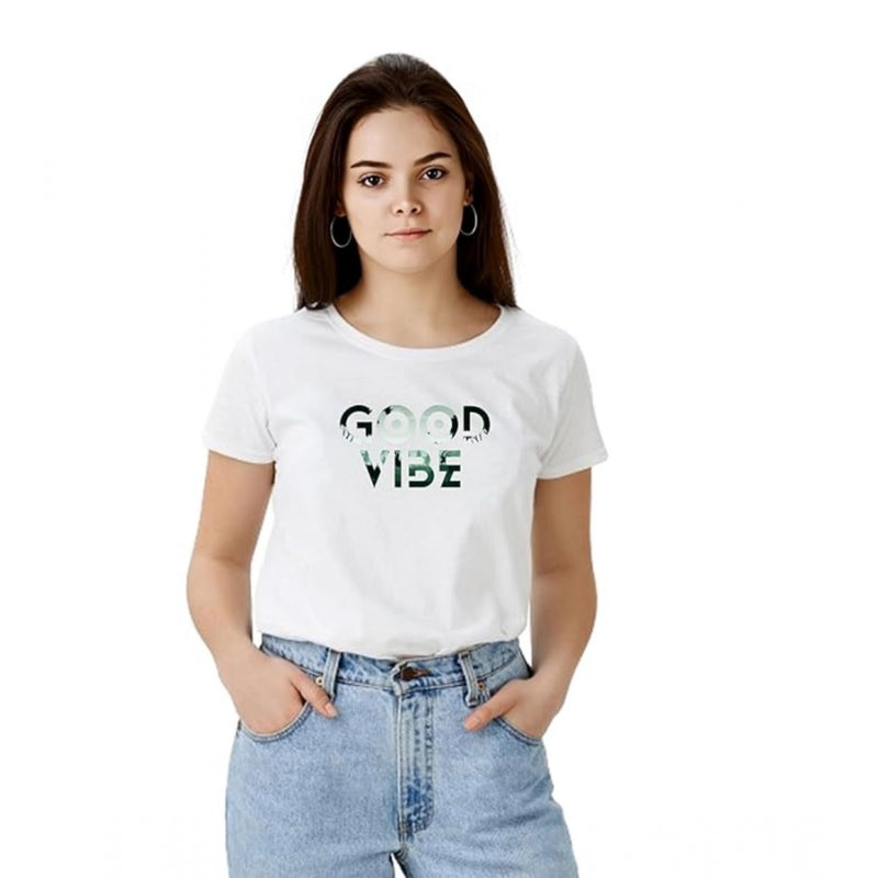 Mayawye Women's Polyester Solid Printed Round Neck Half Sleeve T-shirt (White)