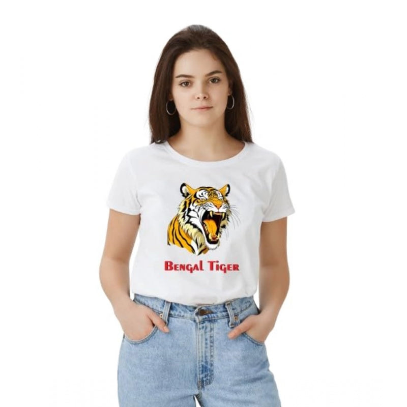 Mayawye Women's Polyester Solid Printed Round Neck Half Sleeve T-shirt (White)