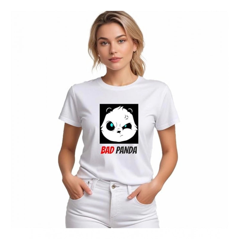 Mayawye Women's Polyester Solid Printed Round Neck Half Sleeve T-shirt (White)