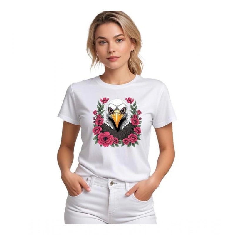 Mayawye Women's Polyester Solid Printed Round Neck Half Sleeve T-shirt (White)