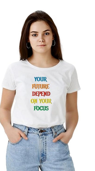 Mayawye Women's Polyester Solid Printed Round Neck Half Sleeve T-shirt (White)