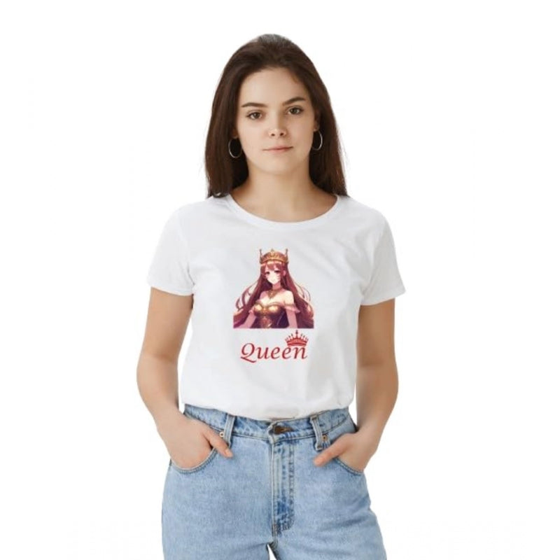Mayawye Women's Polyester Solid Printed Round Neck Half Sleeve T-shirt (White)