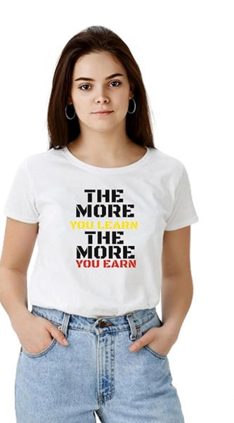 Mayawye Women's Polyester Solid Printed Round Neck Half Sleeve T-shirt (White)