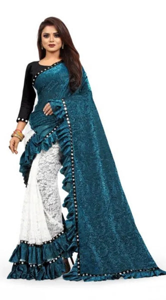 Mayawye Women's Silk With Mirror Lace Solid Saree With Unstitched Blouse (Rama, 5-5 Mtrs)