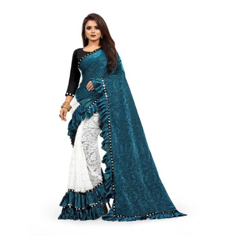 Mayawye Women's Silk With Mirror Lace Solid Saree With Unstitched Blouse (Rama, 5-5 Mtrs)