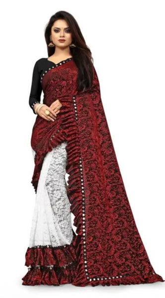 Mayawye Women's Silk With Mirror Lace Solid Saree With Unstitched Blouse (Red, 5-5 Mtrs)