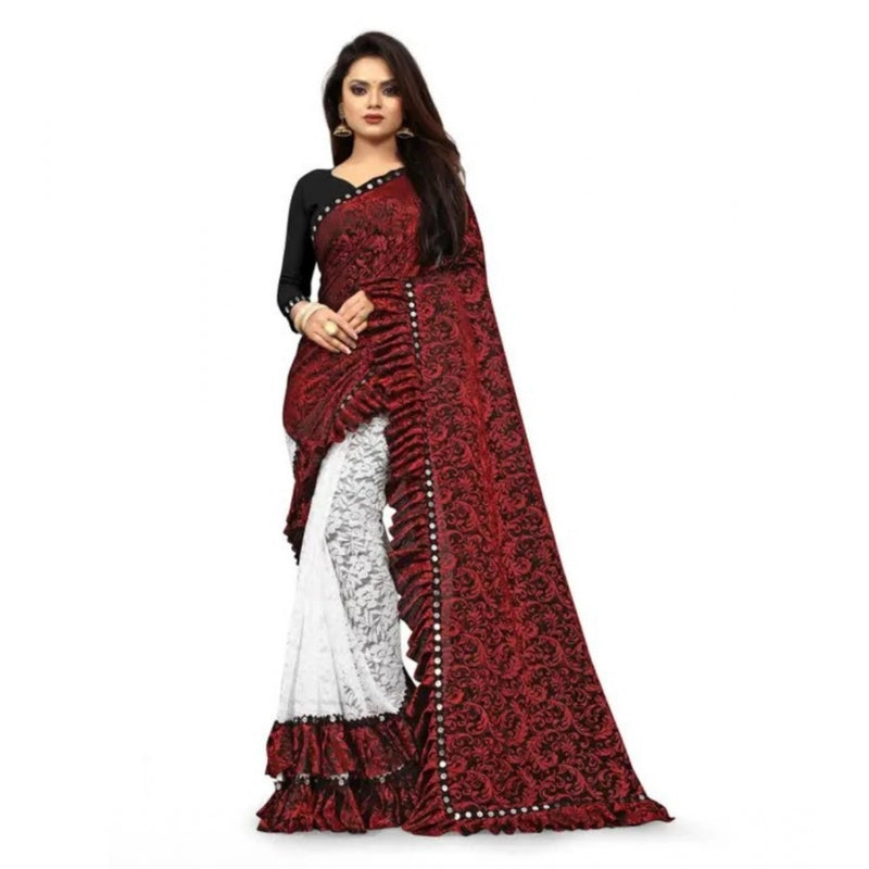Mayawye Women's Silk With Mirror Lace Solid Saree With Unstitched Blouse (Red, 5-5 Mtrs)