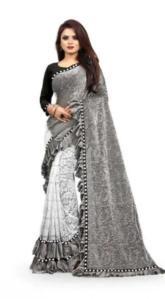Mayawye Women's Silk With Mirror Lace Solid Saree With Unstitched Blouse (Grey, 5-5 Mtrs)