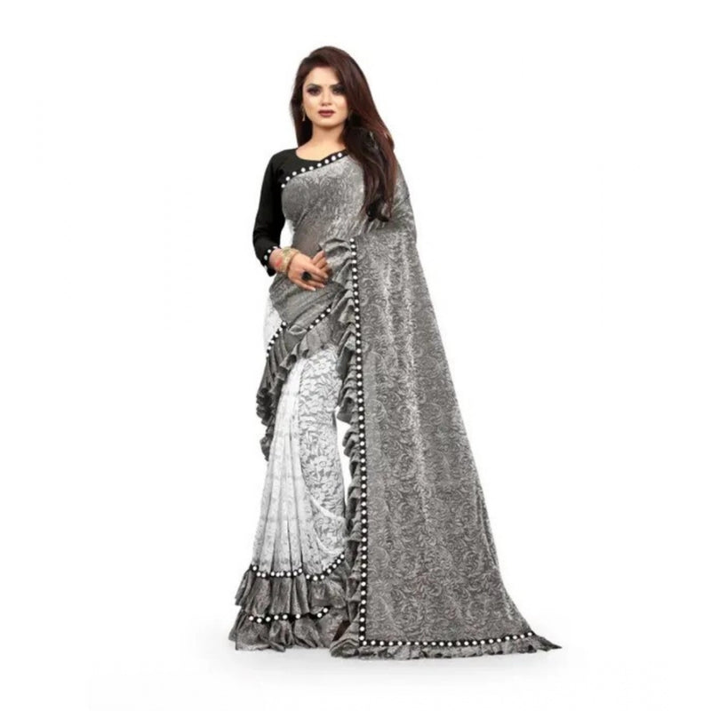 Mayawye Women's Silk With Mirror Lace Solid Saree With Unstitched Blouse (Grey, 5-5 Mtrs)