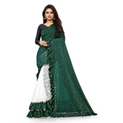 Mayawye Women's Silk With Mirror Lace Solid Saree With Unstitched Blouse (Green, 5-5 Mtrs)