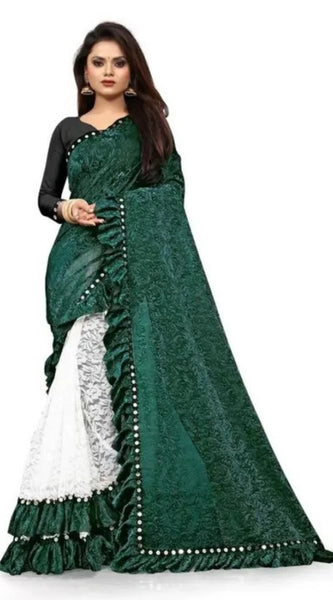 Mayawye Women's Silk With Mirror Lace Solid Saree With Unstitched Blouse (Green, 5-5 Mtrs)