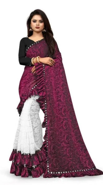 Mayawye Women's Silk With Mirror Lace Solid Saree With Unstitched Blouse (Pink, 5-5 Mtrs)