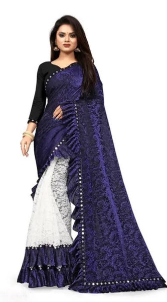 Mayawye Women's Silk With Mirror Lace Solid Saree With Unstitched Blouse (Blue, 5-5 Mtrs)