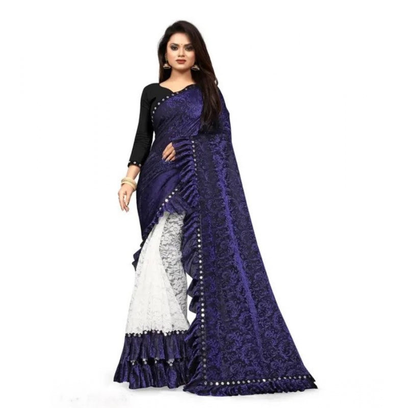 Mayawye Women's Silk With Mirror Lace Solid Saree With Unstitched Blouse (Blue, 5-5 Mtrs)