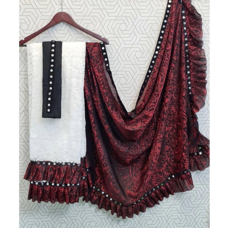 Mayawye Women's Silk With Mirror Lace Solid Saree With Unstitched Blouse (Red, 5-5 Mtrs)