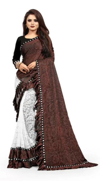 Mayawye Women's Silk With Mirror Lace Solid Saree With Unstitched Blouse (Brown, 5-5 Mtrs)