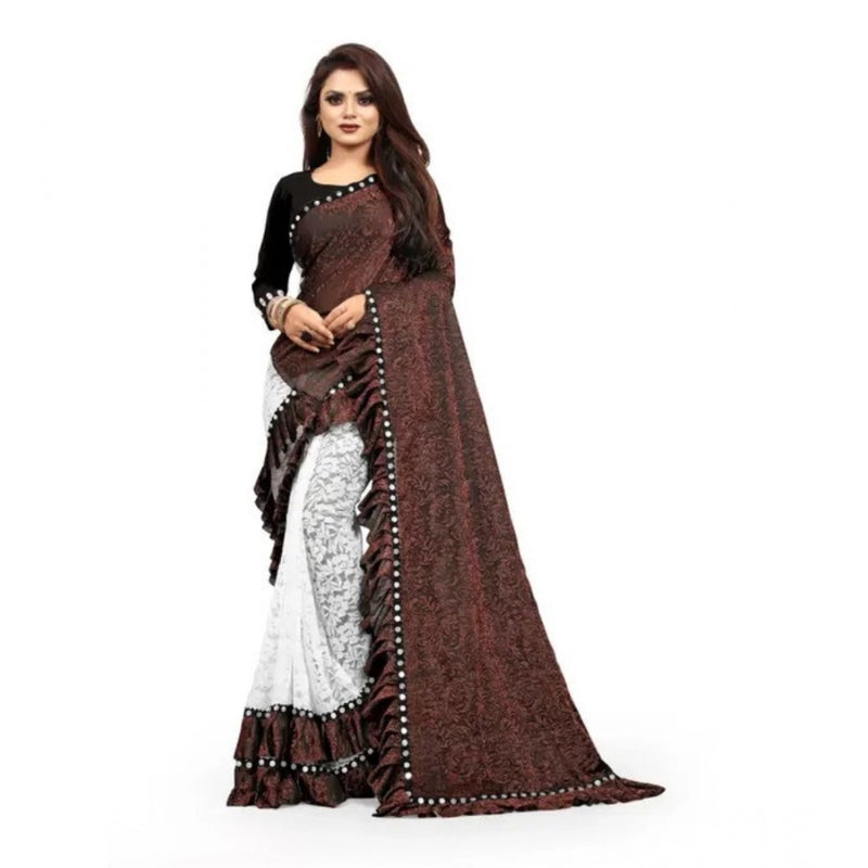Mayawye Women's Silk With Mirror Lace Solid Saree With Unstitched Blouse (Brown, 5-5 Mtrs)