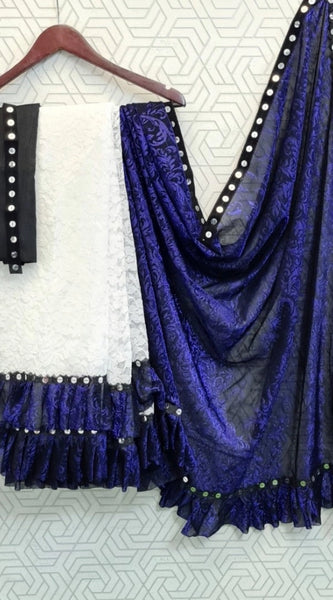 Mayawye Women's Silk With Mirror Lace Solid Saree With Unstitched Blouse (Blue, 5-5 Mtrs)