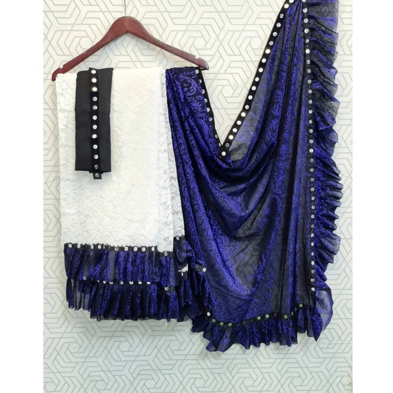 Mayawye Women's Silk With Mirror Lace Solid Saree With Unstitched Blouse (Blue, 5-5 Mtrs)