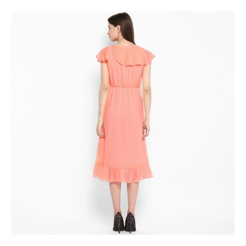 Mayawye Women's Polyester Ruffled Cap Sleeve Below Knee Dress (Neon Pink)
