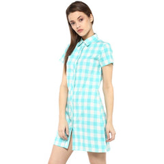 Mayawye Women's Rayon Checkered Short Sleeve Above Knee Dress (SkuBlue - White)