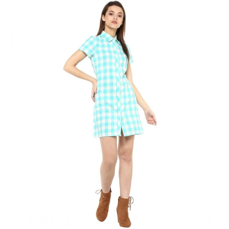 Mayawye Women's Rayon Checkered Short Sleeve Above Knee Dress (SkuBlue - White)