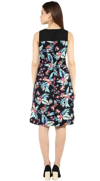 Mayawye Women's Polyester Printed Sleeveless Above Knee Dress (Black - Multicolor)
