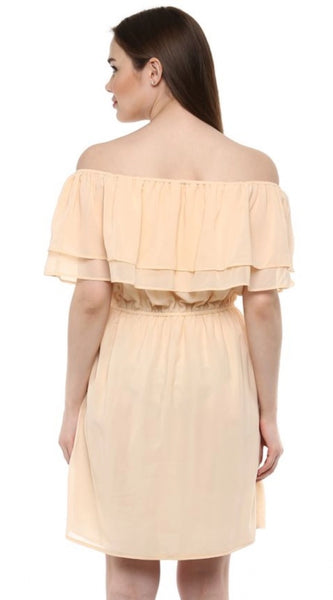 Mayawye Women's Polyester Solid Sleeveless Knee-Length Dress (Beige)