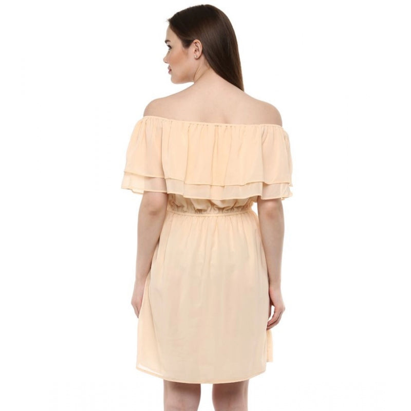 Mayawye Women's Polyester Solid Sleeveless Knee-Length Dress (Beige)