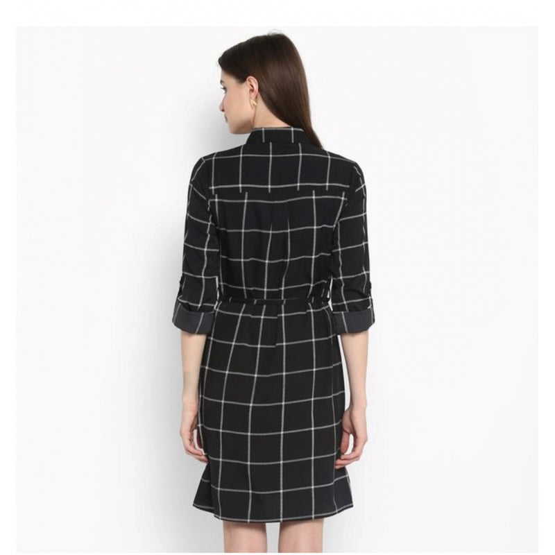 Mayawye Women's Polyester Checkered Roll Up Sleeve Above Knee Dress (Black - White)
