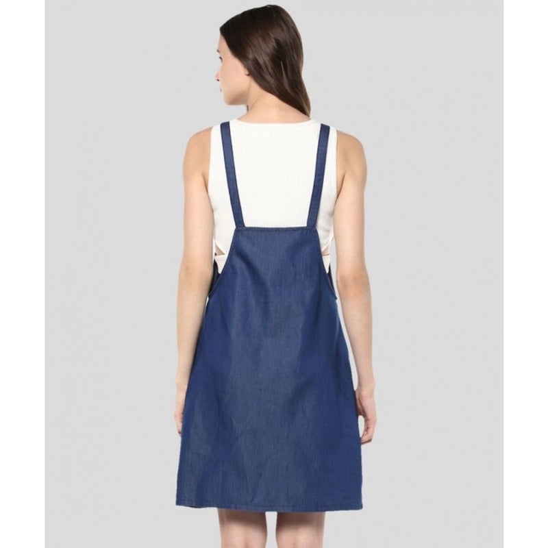 Mayawye Women's Denim Solid Shoulder Straps Above Knee Dress (Blue)