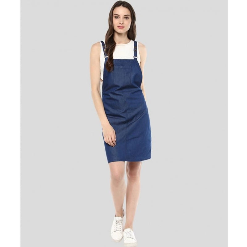 Mayawye Women's Denim Solid Shoulder Straps Above Knee Dress (Blue)