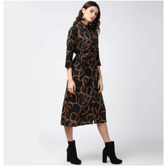 Mayawye Women's Polyester Chain Print Roll Up Sleeve Below Knee Dress (Black - Yellow)