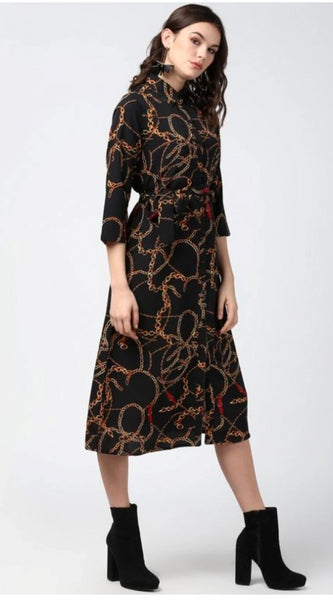 Mayawye Women's Polyester Chain Print Roll Up Sleeve Below Knee Dress (Black - Yellow)