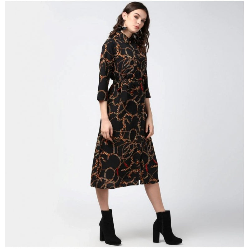 Mayawye Women's Polyester Chain Print Roll Up Sleeve Below Knee Dress (Black - Yellow)