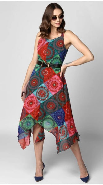 Mayawye Women's Polyester Asymmetrical Shoulder Straps Knee-Length Dress (Multicolor)