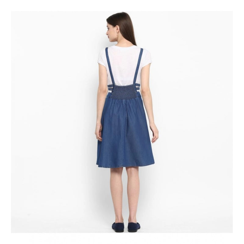 Mayawye Women's Denim Solid Shoulder Straps Below Knee Dress (Blue)