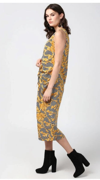 Mayawye Women's Polyester Chain Print Sleeveless Below Knee Dress (Yellow - Black)