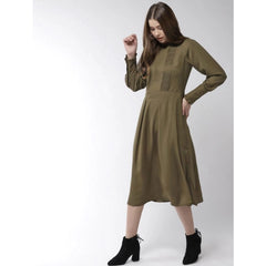 Mayawye Women's Polyester Pintuck Long Sleeves Below Knee Dress (Olive)