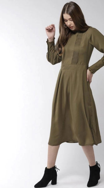 Mayawye Women's Polyester Pintuck Long Sleeves Below Knee Dress (Olive)
