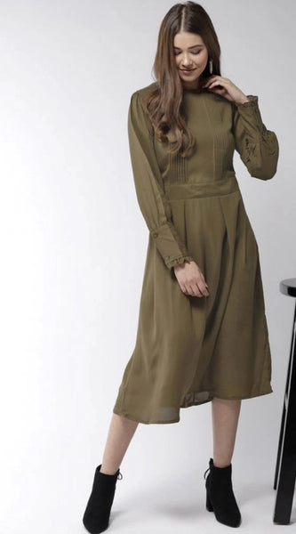 Mayawye Women's Polyester Pintuck Long Sleeves Below Knee Dress (Olive)