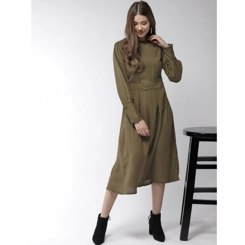 Mayawye Women's Polyester Pintuck Long Sleeves Below Knee Dress (Olive)