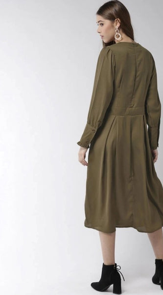 Mayawye Women's Polyester Pintuck Long Sleeves Below Knee Dress (Olive)
