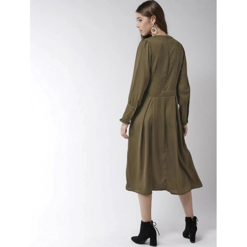 Mayawye Women's Polyester Pintuck Long Sleeves Below Knee Dress (Olive)