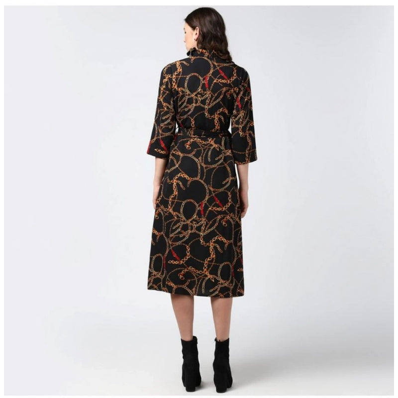Mayawye Women's Polyester Chain Print Roll Up Sleeve Below Knee Dress (Black - Yellow)