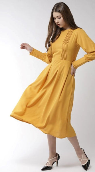Mayawye Women's Polyester Pintuck Long Sleeves Below Knee Dress (Yellow)