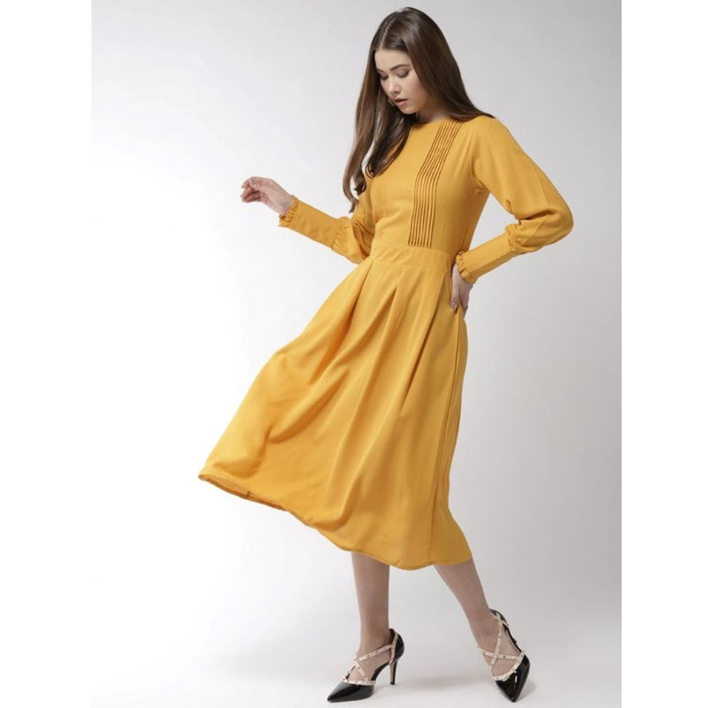 Mayawye Women's Polyester Pintuck Long Sleeves Below Knee Dress (Yellow)