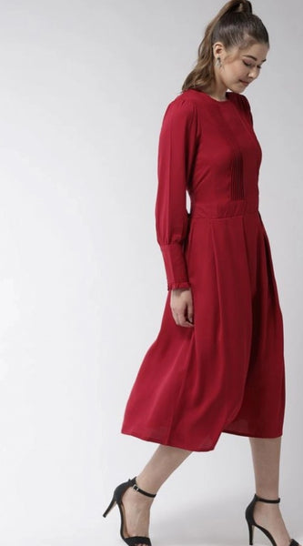 Mayawye Women's Polyester Pintuck Long Sleeves Below Knee Dress (Red)