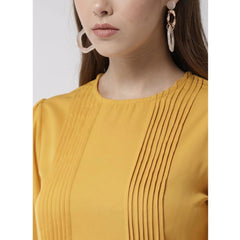 Mayawye Women's Polyester Pintuck Long Sleeves Below Knee Dress (Yellow)