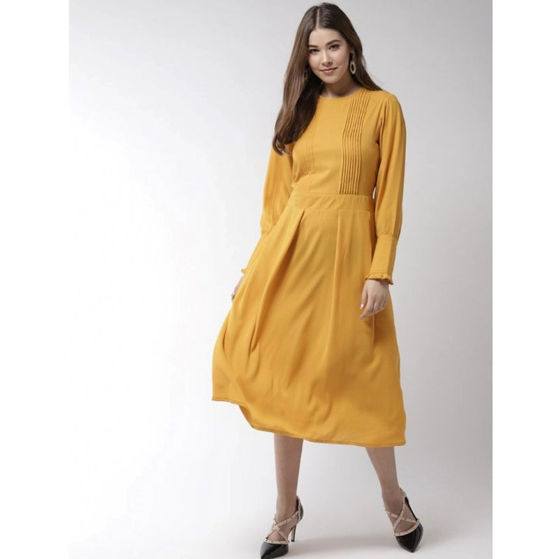 Mayawye Women's Polyester Pintuck Long Sleeves Below Knee Dress (Yellow)